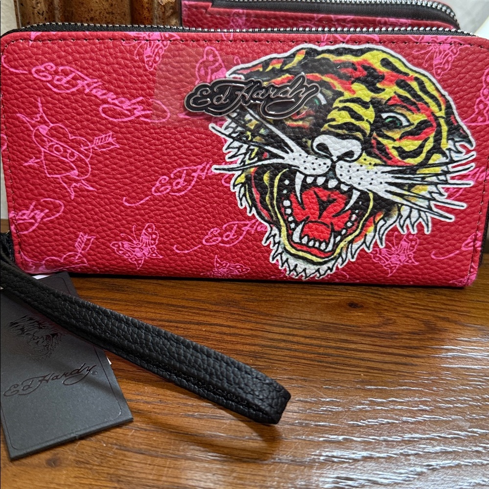 Ed Hardy Red and Pink Tiger Wallet. Vegan leather. Multi Compartment Storage.